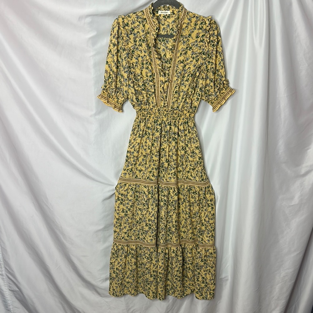 Max Studio Yellow Floral Smocked Waist Midi Dress with Mandarin Collar